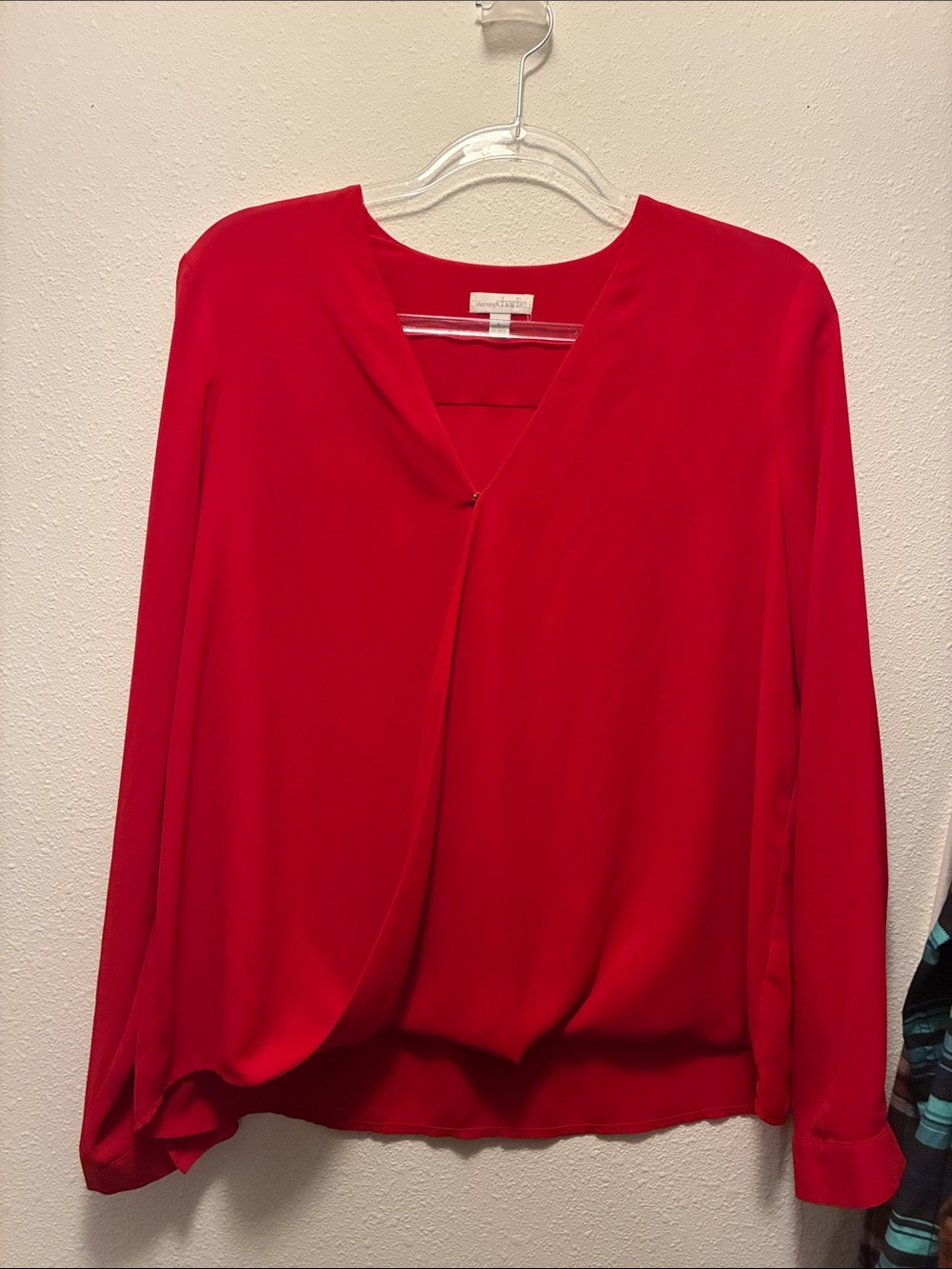 Charming Charlie Red Draped V-Neck Long-Sleeve Blouse